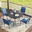 VICLLAX 5 Pieces Patio Dining Set for 4, Outdoor Furniture Set Includes 40.7" Round Patio Table and 4 Patio Stackable Chairs, Black Tabletop and Blue Fabric