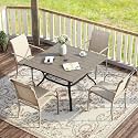 VICLLAX 5 Pieces Patio Dining Set, Outdoor Furniture Set Includes 37.8" Square Outdoor Table and 4 Stackable Patio Sling Chairs, Grey Wood-Like Tabletop and Sandshell Color Fabric