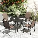 VICLLAX Patio Dining Set for 4, Outdoor Furniture Set Includes 41.2" Round Patio Table and 4 Patio Sling Chairs, Black Tabletop and Brown Fabric