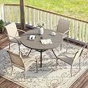 VICLLAX 5 Pieces Patio Dining Set for 4, Outdoor Furniture Set Includes 40.7" Round Patio Table and 4 Patio Stackable Chairs, Grey Wood Grain Tabletop and Sandshell Fabric