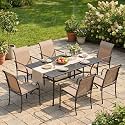 VICLLAX Patio Dining Set for 6, Outdoor Furniture Set Includes 59" Rectangle Patio Table and 6 Patio Sling Chairs, Outdoor Table and Chairs for Outsides, Black Tabletop and Brown Fabric