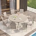 VICLLAX Large Patio Dining Furniture Set, Outdoor Dining Set for 10-60" Round Outdoor Table and Patio Stackable Chairs, Sandshell Color Tabletop and Fabric