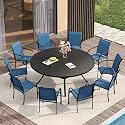 VICLLAX Large Patio Dining Furniture Set, Outdoor Dining Set for 10-60" Round Outdoor Table and Patio Stackable Chairs, Black Tabletop and Blue Fabric