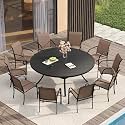 VICLLAX Large Patio Dining Furniture Set, Outdoor Dining Set for 10-60" Round Outdoor Table and Patio Stackable Chairs, Black Tabletop and Brown Fabric