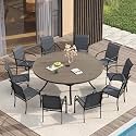 VICLLAX Large Patio Dining Furniture Set, Outdoor Dining Set for 10-60" Round Outdoor Table and Patio Stackable Chairs, Grey Wood-Like Tabletop and Dark Grey Fabric