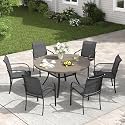 VICLLAX Patio Dining Set for 6, 7 Pieces Outdoor Furniture Set- 47" Round Patio Table and 6 Patio Chairs, Grey Wood Grain Tabletop and Grey Fabric