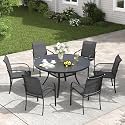 VICLLAX Patio Dining Set for 6, 7 Pieces Outdoor Furniture Set- 47" Round Patio Table and Stackable Chairs, Black Tabletop and Grey Fabric