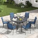 VICLLAX Patio Dining Set for 6, All Weather Metal Outdoor Furniture Set- 47" Round Patio Table and Chairs, Black Tabletop and Blue Fabric