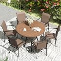 VICLLAX Patio Dining Set for 6, Outdoor Furniture Set Includes 47.2" Round Patio Table and 6 Patio Sling Chairs, Walnut Tabletop and Brown Fabric