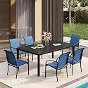 VICLLAX Patio Dining Set for 6, Outdoor Furniture Set Includes 63" Rectangle Patio Table and 6 Patio Stackable Chairs, Outdoor Table and Chairs for Outsides, Black Tabletop and Blue Fabric