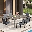 VICLLAX Patio Dining Set for 6, Outdoor Furniture Set Includes 63" Rectangle Patio Table and 6 Patio Sling Chairs, Outdoor Table and Chairs for Outsides, Grey Wood-Like Tabletop and Dark Grey Fabric