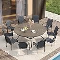 VICLLAX Patio Table and Chair Set of 10, All Weather Metal Round Outdoor Dining Furniture Set-59.9" Round Outdoor Table and Chairs, Grey Wood Grain Tabletop