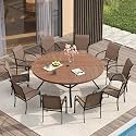 VICLLAX Patio Table and Chair Set of 10, All Weather Metal Round Outdoor Dining Furniture Set-59.9" Round Outdoor Table and Chairs, Walnut Wood Grain Tabletop