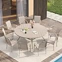 VICLLAX Patio Table and Chair Set of 10, All Weather Metal Round Outdoor Dining Furniture Set-59.9" Round Outdoor Table and Chairs, Sandshell Tabletop