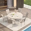 VICLLAX Patio Table and Chair Set of 6, All Weather Metal Round Outdoor Dining Furniture Set-50 Round Outdoor Table and Chairs, Sandshell Tabletop