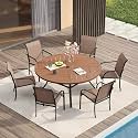 VICLLAX Patio Table and Chair Set of 6, All Weather Metal Round Outdoor Dining Furniture Set-50 Round Outdoor Table and Chairs, Walnut Wood Grain Tabletop