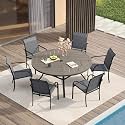 VICLLAX Patio Table and Chair Set of 6, All Weather Metal Round Outdoor Dining Furniture Set-50 Round Outdoor Table and Chairs, Grey Wood Grain Tabletop