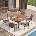 VICLLAX Patio Table and Chair Set of 6, All Weather Metal Round Outdoor Dining Furniture Set-47 Round Outdoor Table and Chairs, Walnut Wood Grain Tabletop