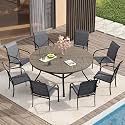 VICLLAX Patio Table and Chair Set of 8, All Weather Metal Round Outdoor Dining Furniture Set-53 Round Outdoor Table and Chairs, Grey Wood Grain Tabletop