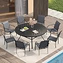 VICLLAX Patio Table and Chair Set of 8, All Weather Metal Round Outdoor Dining Furniture Set-53 Round Outdoor Table and Chairs, Black Tabletop