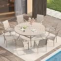 VICLLAX Patio Table and Chair Set of 8, All Weather Metal Round Outdoor Dining Furniture Set-53 Round Outdoor Table and Chairs, Sandshell Tabletop