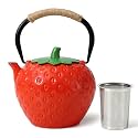 VICSKY Strawberry Cast Iron Teapot (Red) - Japanese Tetsubin Tea Kettle 50oz/1500ml | Enameled Interior & Extended Infuser for Loose Leaf and Tea Bags | Stovetop Safe | Cute Sweet Holiday