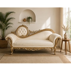 Victorian Style Chaise Lounge Tufted Cream Upholstery
