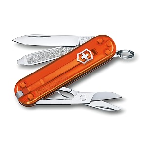 victorinox swiss army knife - fresh stylish colorful swiss classics - 7 function multi-utility tool with a pair of scissors - fire opal 58 mm orange m