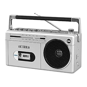 victrola vbb-25-slv mini bluetooth boombox with cassette player recorder and amfm radio silver