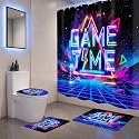 Video Game Neon Gaming Colorful 4Pcs Bathroom Shower Curtain Set with Rugs