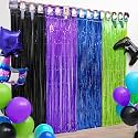 Video Game Party Decorations, 4 Pack Nite Gamers Party Foil Fringe Curtains, Black Purple Blue Green Metallic Tinsel Foil Fringe Curtains Photo Streamers for Video Game Party Photo Booth Props