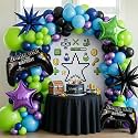 Video game Themed blue and green chrome purple balloon garland arch kit 140+pcs with handle star mylar balloon for Video game Themed Birthday party decorations