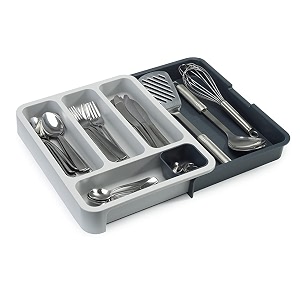 expandable cutlery tray plastic utensils drawer holder to store organizer spoons for home kitchen  396 x 11 x 55 cm  grey blue