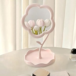 flower-shaped makeup mirror rotatable makeup mirror with tray table vanity mirror cute flower-shaped mirror for tabletop bedroom bathroom living room 29l x 16w multicolour pack of 2