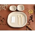VIK® Sugarcane Bagasse Disposable 10 Inch Plates (250), 180 ML Bowls (250), 250 ML Bowls (250), Spoons (250), Forks (250), Napkin (500), Party Disposal Thali Brown