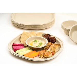 vik sugarcane bagasse disposable plates bowls set 50 pieces 10 inch plates 25 180 ml bowls 25 brown party disposal biodegradable