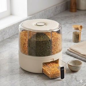 vikeyhome 6-grid round food dispenser  360 rotating food bucket transparent rice storage container  rotatable dry food fruit cereal storage box container with lid for home and kitchen off white