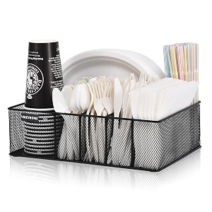 vikeyhome paper plate organizer for countertop metal silverware caddy with 6 compartments for cup napkin utensil holder caddy for party camping picnic