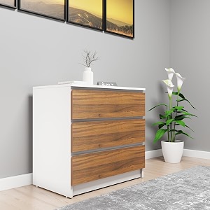 viki dresser with 3 drawerschest of 3 drawersclothes storageorganizer unit for bedroomhallwayentrywayeasy pull drawers80cms width frosty white amp brussel walnut suede finish  1 year warranty