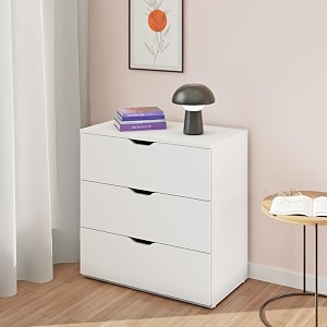 viki dresser with 3 drawers chest of 3 drawersclothes storage organizer unit for bedroom hallway entrywayeasy pull drawers frosty white - 44d x 80w x 80h  1 year warranty
