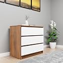 VIKI Dresser With 3 Drawers,Chest Of 3 Drawers,Clothes Storage,Matte Finish Organizer Unit For Bedroom,Hallway,Entryway,Easy Pull Drawers,Width 80Cms,Brussel Walnut&amp;Frosty White|1 Year Warranty