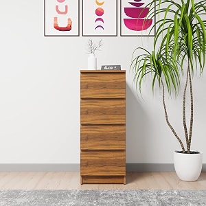 viki dresser with 4 drawers chest of 4 drawersclothes storage organizer unit for bedroom hallway entrywayeasy pull drawers width 40cms brussel walnut colour  1 year warranty