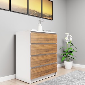 viki dresser with 4 drawers chest of 4 drawersclothes storage organizer unit for bedroom hallway entrywayeasy pull drawers width 80cms frosty white amp brussel walnut  1 year warranty