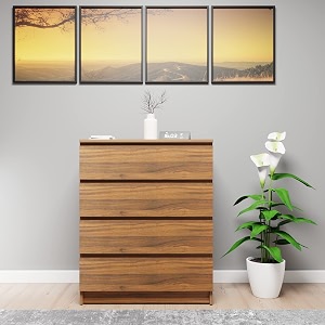 viki dresser with 4 drawers chest of 4 drawersclothes storage organizer unit for bedroom hallway entrywayeasy pull drawers width 80cms brussel walnut colour  1 year warranty