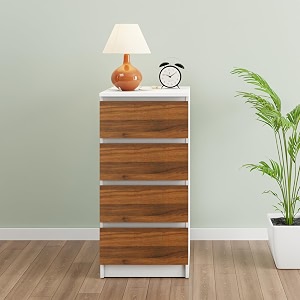 viki dresser with 4 drawers chest of 4 drawersclothes storage organizer unit for bedroom hallway entrywayeasy pull drawers width 40cms frosty white amp brussel walnut  1 year warranty