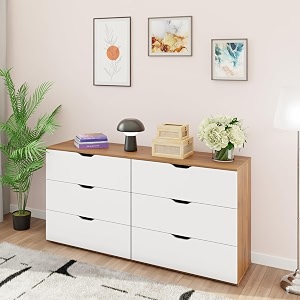 viki dresser with 6 drawers chest of 6 drawersclothes storage organizer unit for bedroom hallway entrywayeasy pull drawers brussel walnut amp frosty white - 44d x 160w x 80h  1 year warranty