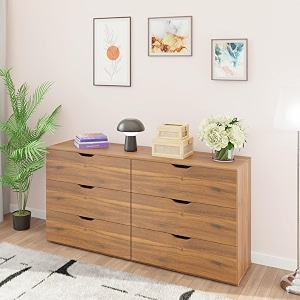 viki dresser with 6 drawers chest of 6 drawersclothes storage organizer unit for bedroom hallway entrywayeasy pull drawers brussel walnut - 44d x 160w x 80h  1 year warranty