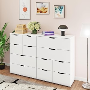 viki dresser  big drawer unit varnik chest of 12 drawersclothes storage organizer unit for bedroom hallway entrywayeasy pull drawers frosty white - 44d x 160w x 106h  1 year warranty