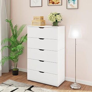 viki dresser  chest of drawer unit nestro chest of 5 drawersclothes storage organizer unit for bedroom hallway entrywayeasy pull drawers frosty white - 44d x 80w x 132h  1 year warranty