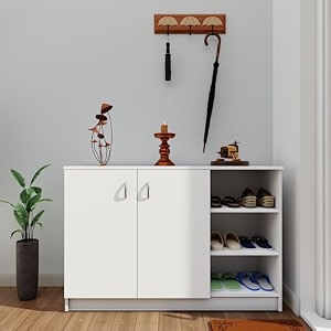 viki wood shoe rack with doors and open shelves shoe storageshoe cabinet for hallway organizer unit for entryway width 120cms frosty white colour  1 year warranty